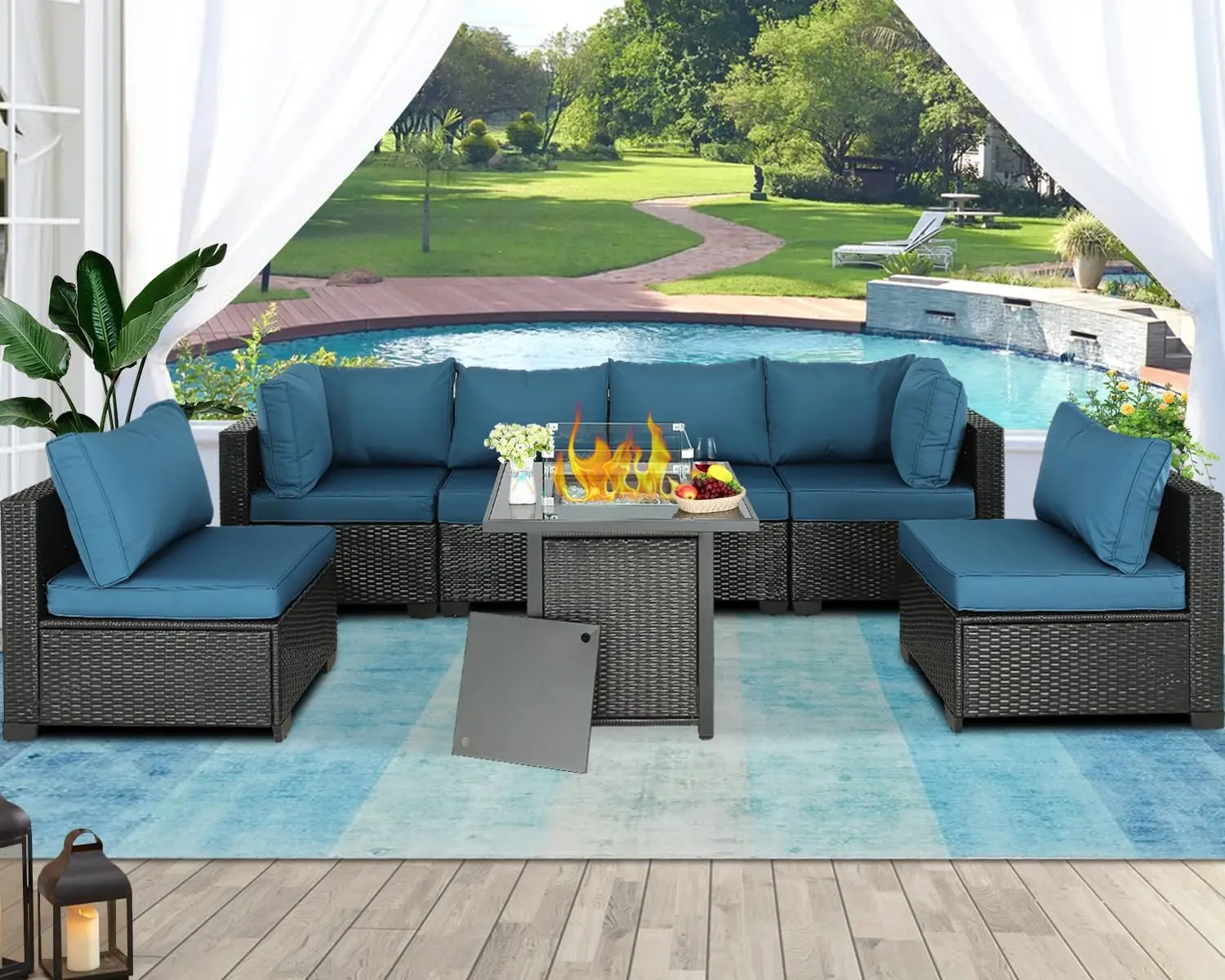Muebles de exterior de ratán PE, juego de conversación para patio con cojines para balcón, césped y jardín, Expresso-azul pavo real