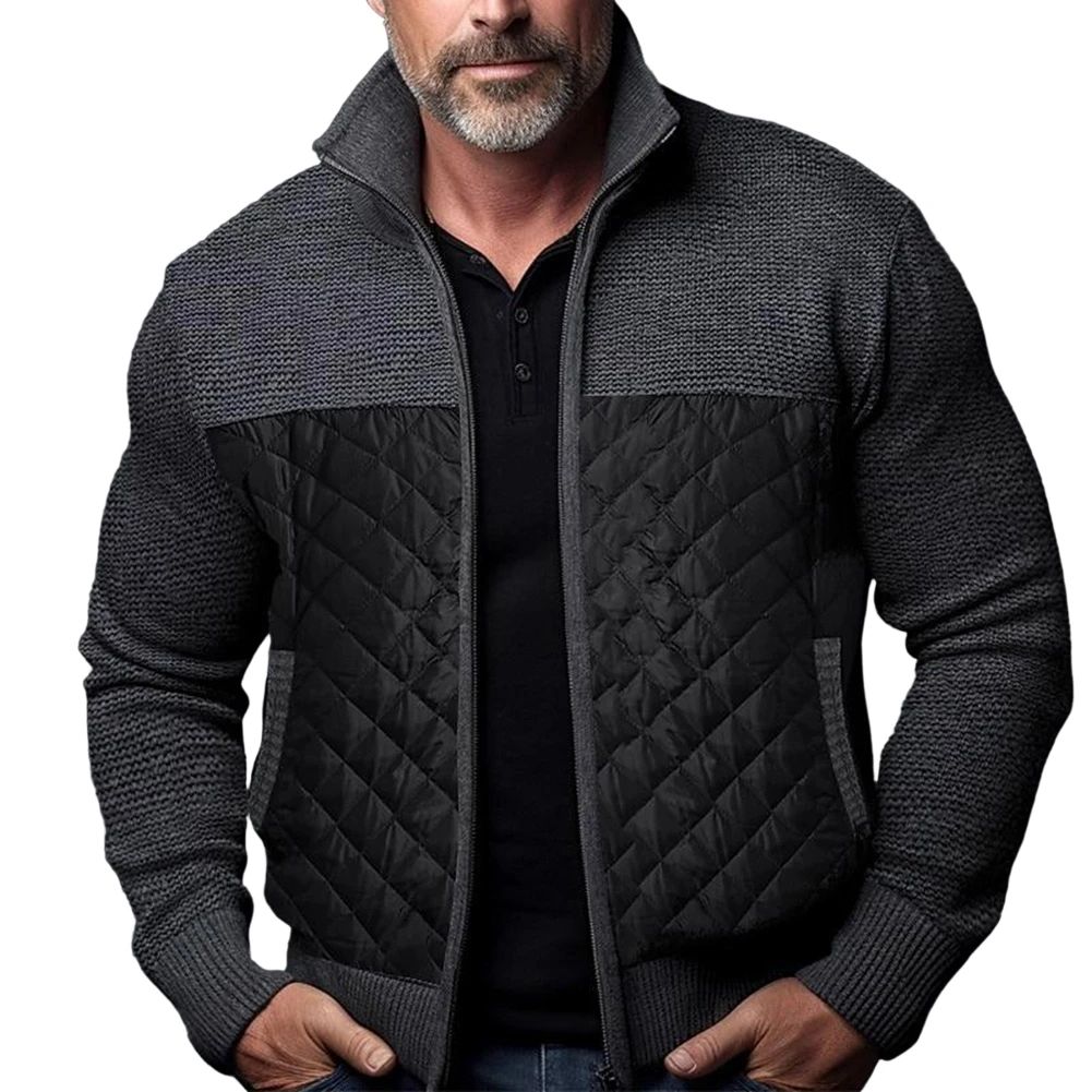Casual Wear Cold Weather Layering Black Men Fleece Cardigan for slim Fit Sweater Stand-up Collar Long Sleeve Solid Pattern