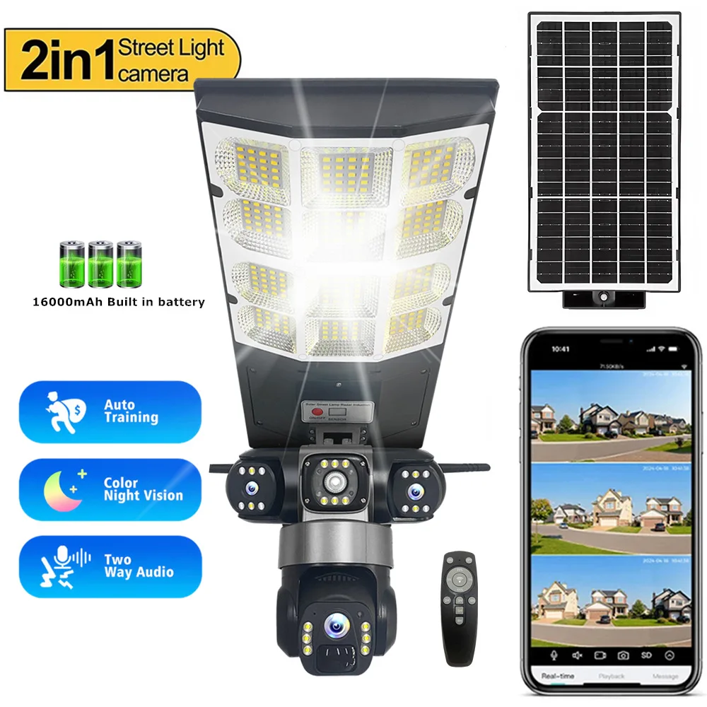 4G WiFi 6MP Wireless Solar Street Light PTZ CCTV Camera, Triple‑Lens 360° Panoramic View, Wide Angle Night Vision Two‑Way Audio