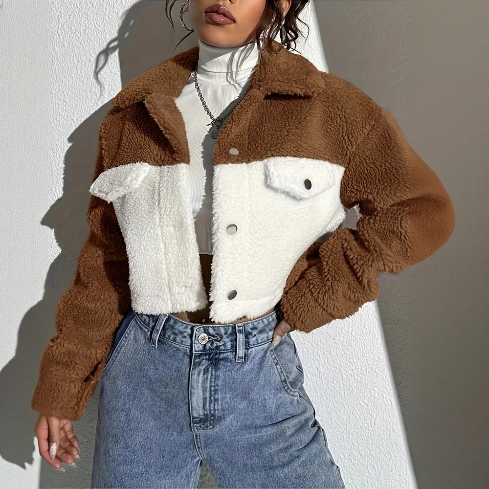 

Women's Composite Plush Cardigan Lapel Casual Stitching Coat European And United States Style Independent Station