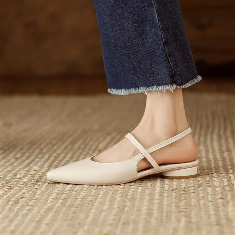 Summer Sandals Sheep Leather Women Shoes Pointed Toe Low Heel Women Pumps Genuine Leather Cover Toe Sandals for Women Handmade