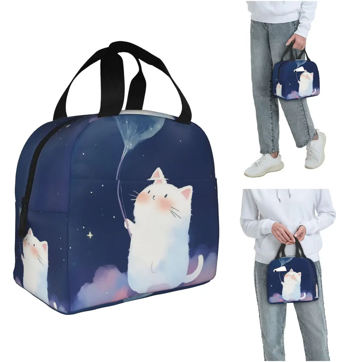 

Термосумка для обеда Night Black Cat On The Clouds для женщин и детей, портативная термосумка для еды, термосумка-тоут