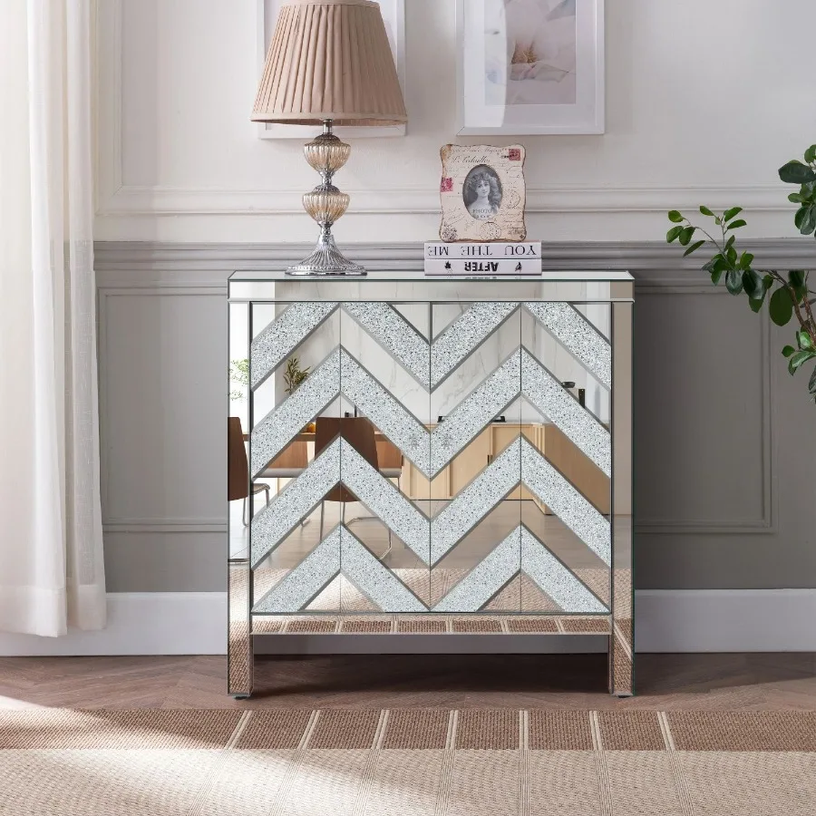 

Storage Cabinet with Mirror Trim and M Shape Design Spliced Combination For Living Room Dining Room Entryway Kitchen