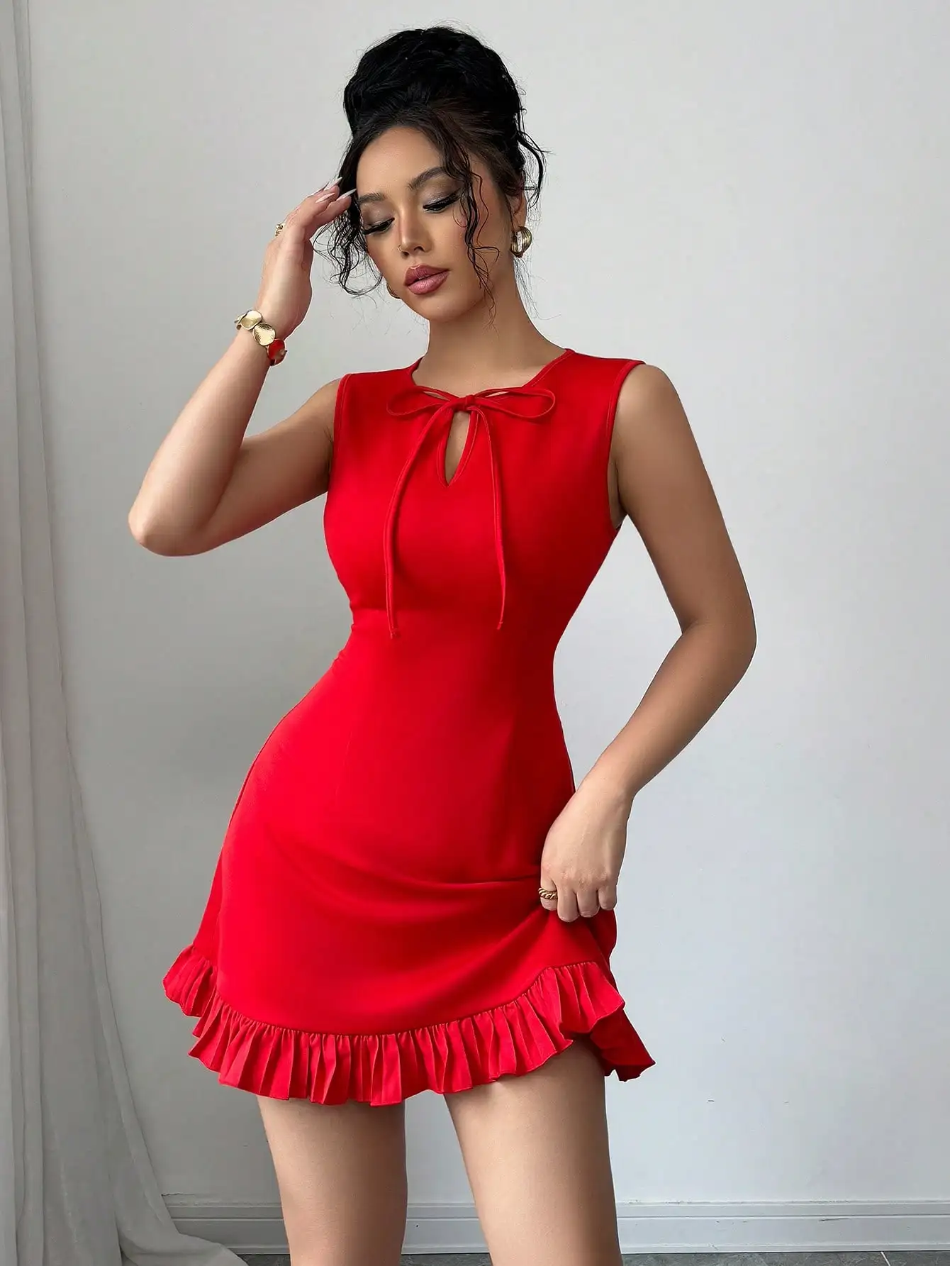 

Red Sleeveless Bow Neck Ruffle Hem Mini Dress for Party Date Office