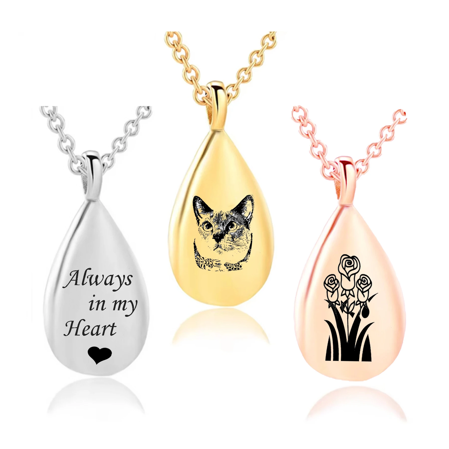 Stainless Steel Teardrop Cremation Urn Necklace Personalized Engraved Pet Photo Text for Ashes Pendant Memorial Keepsake Jewelry