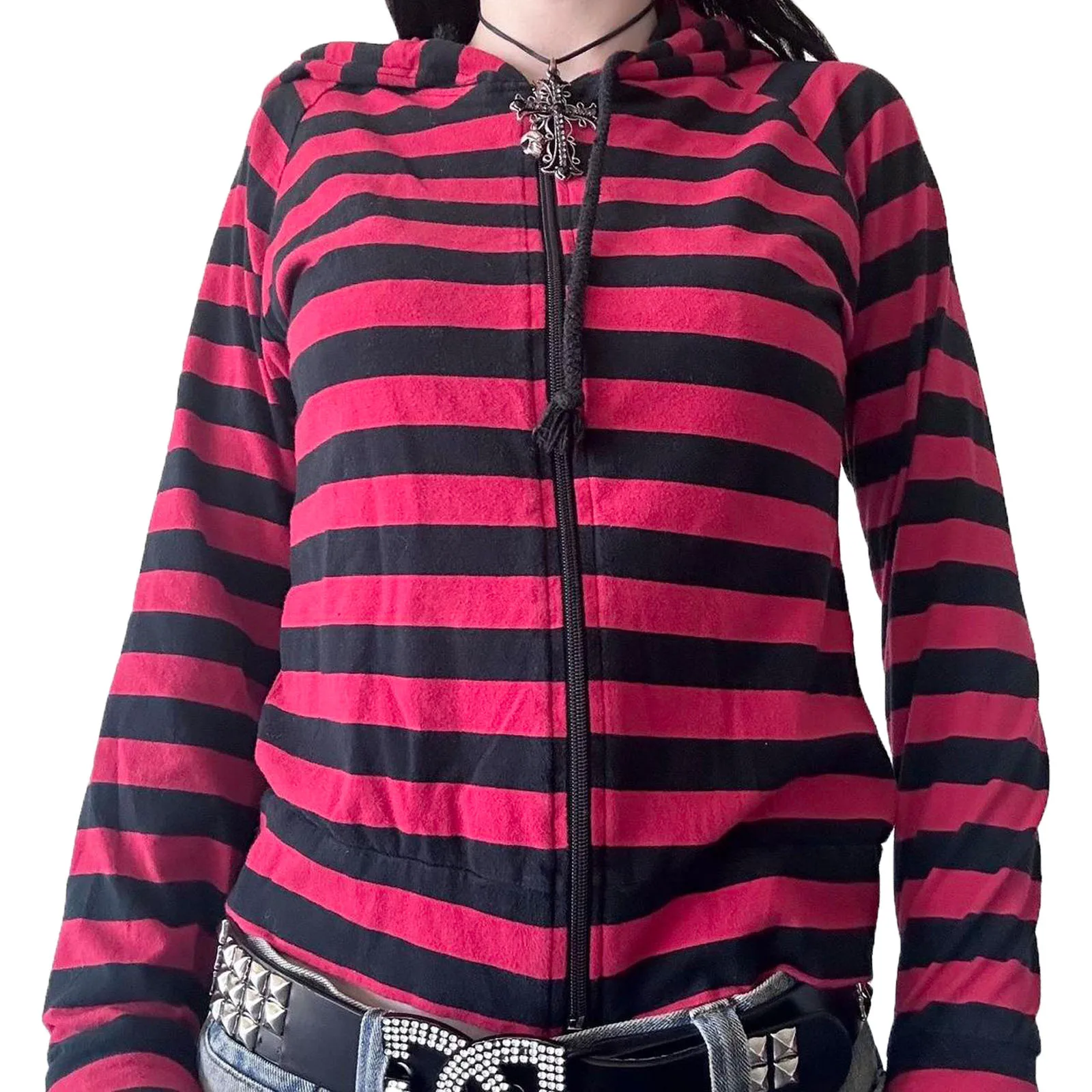 سترات بغطاء رأس مخططة بسحاب للنساء ، بلوزات فتاة إلكترونية ، جواكيت هاراجوكو عتيقة ، ايمو مول قوطي ، Y2K ، ملابس الشارع