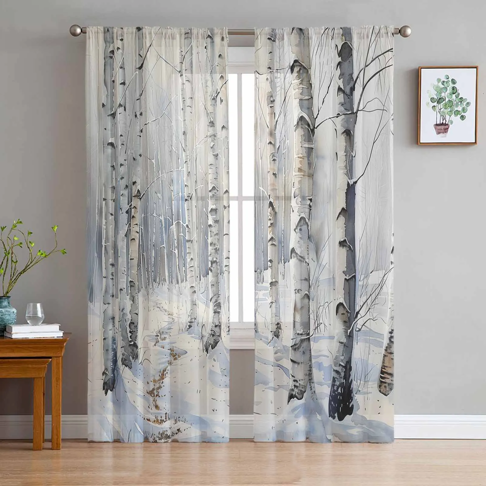 

Winter Snow Scenery Watercolor Birch Tree Tulle Curtains for Living Room Bedroom Sheer Voile Drapes Modern Printed Curtains