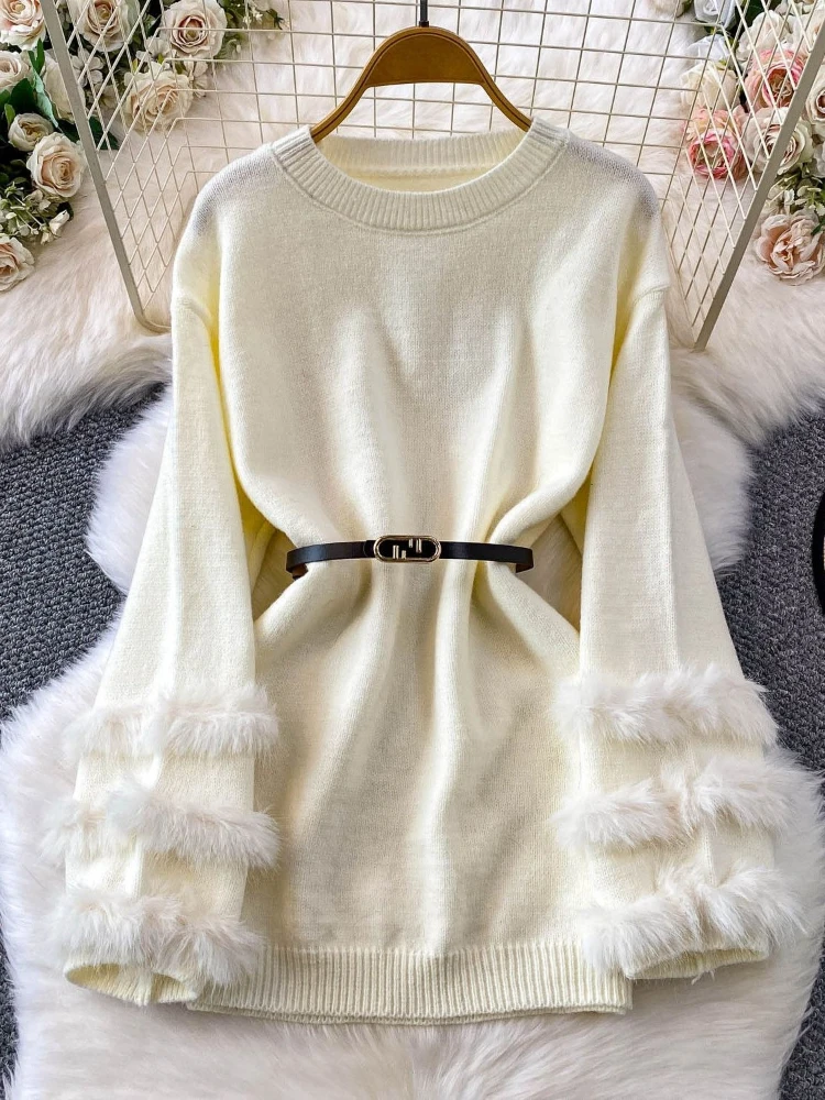 Women's Retro Elegant Fluffy Sleeve Knitted Top Winter Lace Up Slim Waist Mid Length Luxury Sweater