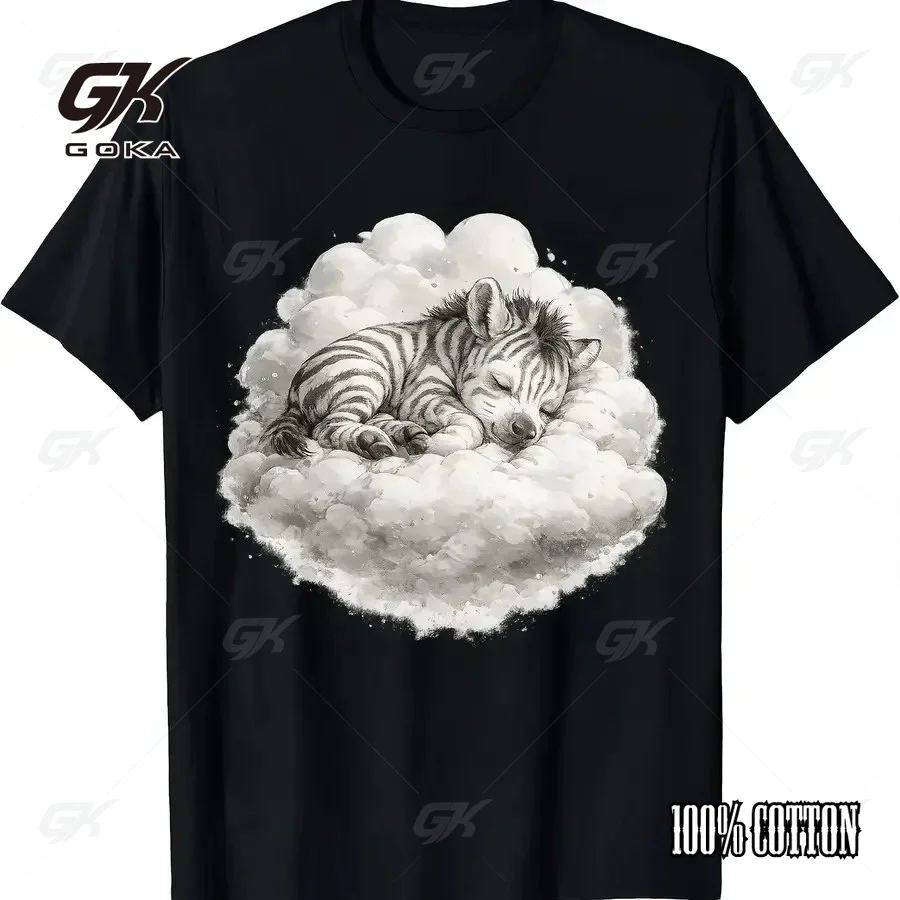 Retro Sleeping Zebra and Clouds T-Shirt - Vintage Zebra Print Round Neck Tee, Machine  Suitable for - Casual Wear Unisex Clothes