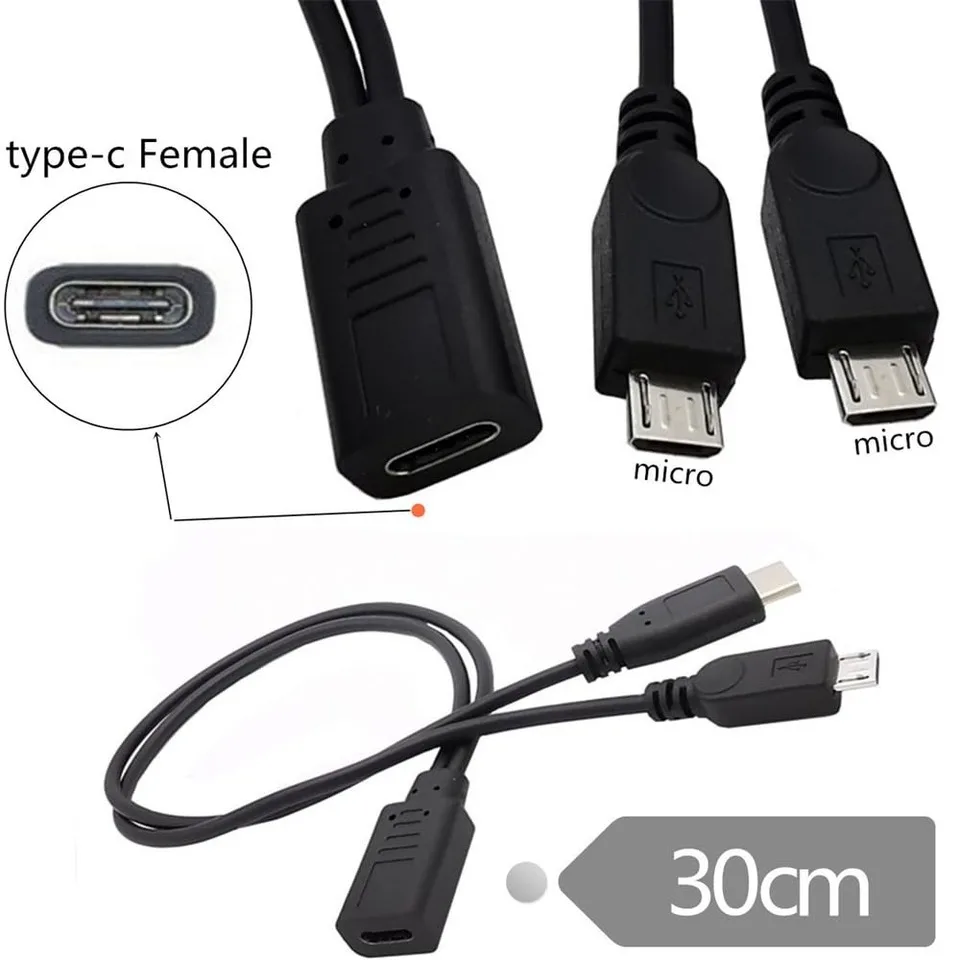 USB 2.0 Type-C Female To Dual Micro-USB 5Pin Male Splitter Extension Cable DC 5V Charging Power Supply Cord for Android Phone