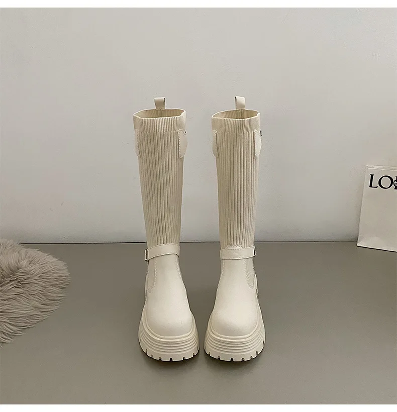 Long Boots Women New Knitted Elastic Boots Retro Thick-soled Women\'s High Boots Knee-length Boots Elegant Boots and Women shoes