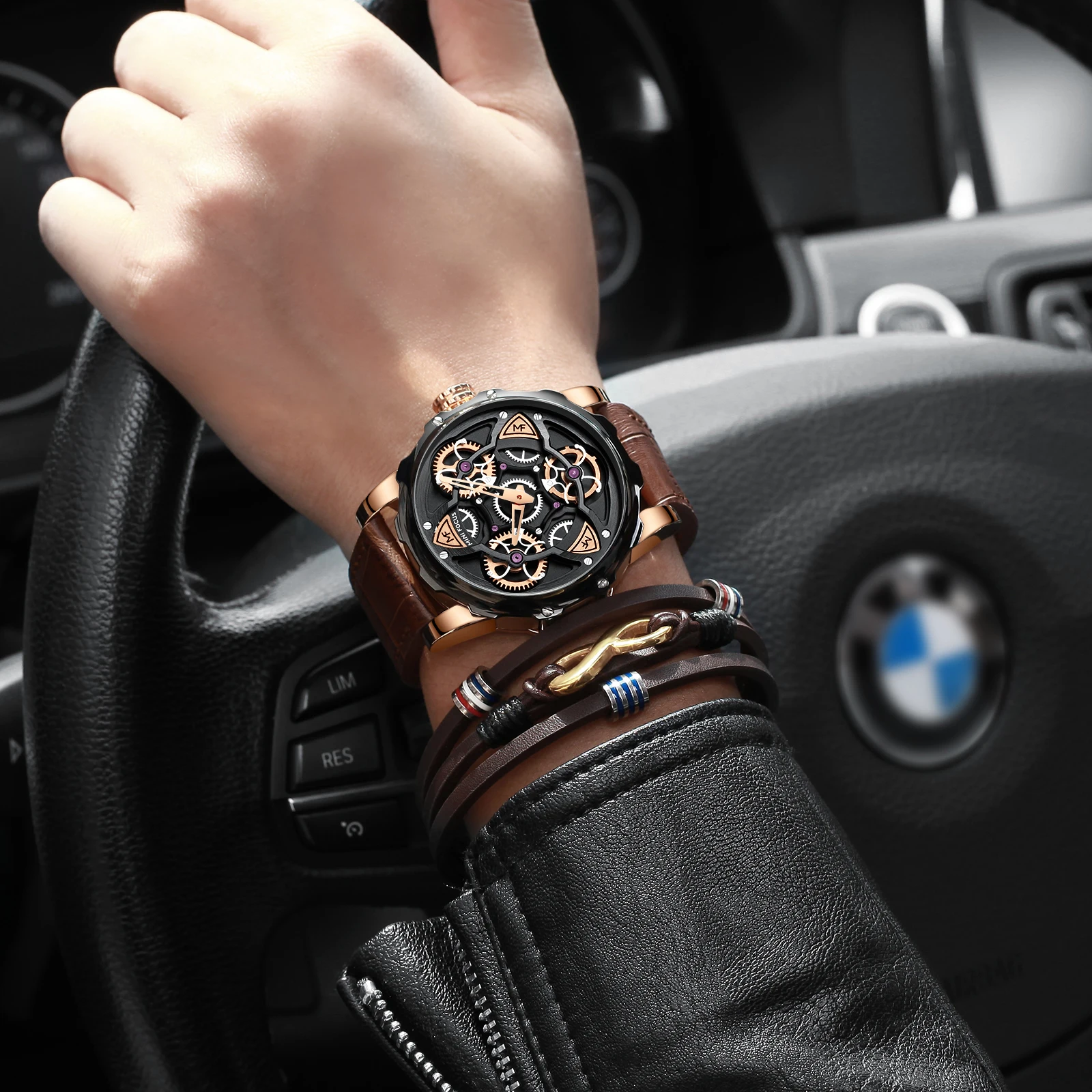 Mini Focus MF0249G Luxury Wrist Watch Genuine Leather Strap Skeleon Design Waterproof Men Quartz Watches