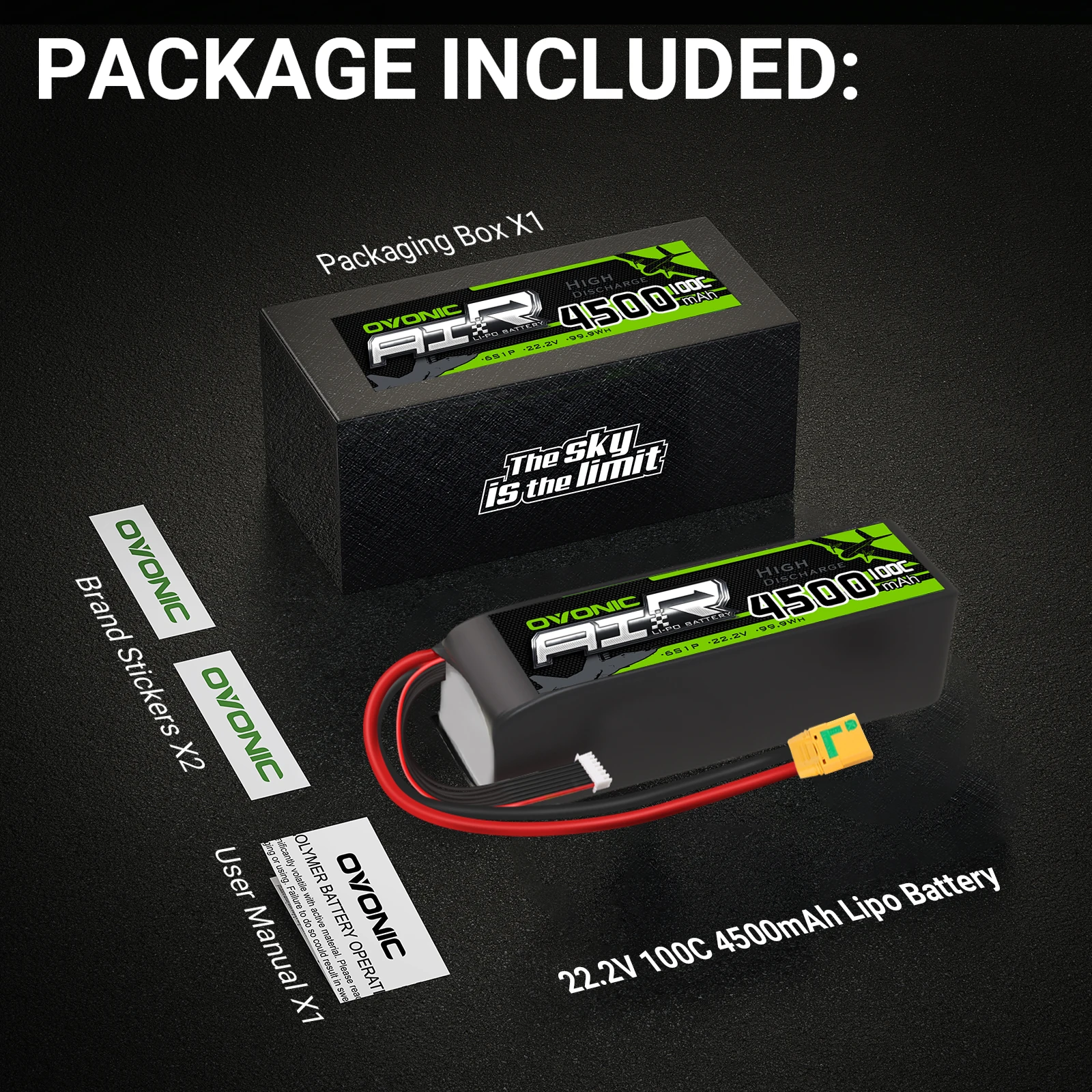 Batteria Lipo Ovonic 4500mAh 6S 100C 22.2V con connettore XT90 anti-scintilla per droni a lungo raggio da 7-10 pollici, aeroplani RC ed elicotteri