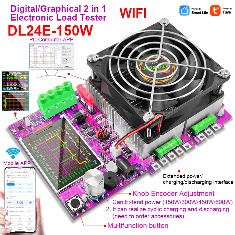 150W Tuya WiFi Smart Power obciążenie Tester DC USB 18650 napięcie prądu 48V pojemność baterii Monitor narzędzia