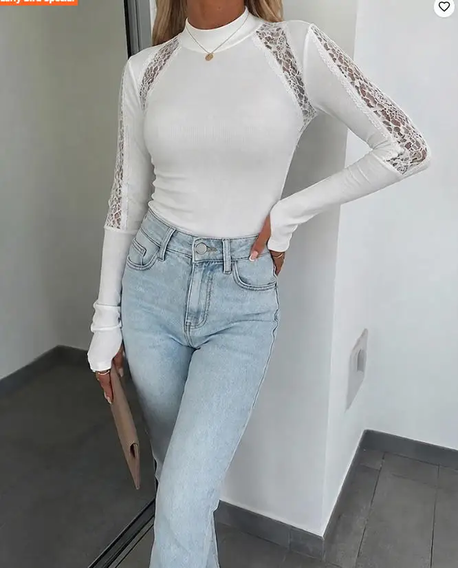 Women's Solid Color Mock Neck Lace Patchwork Long Sleeve Ribbed Knit Top 2026 Spring Summer New Casual Tee with Thumb Holes