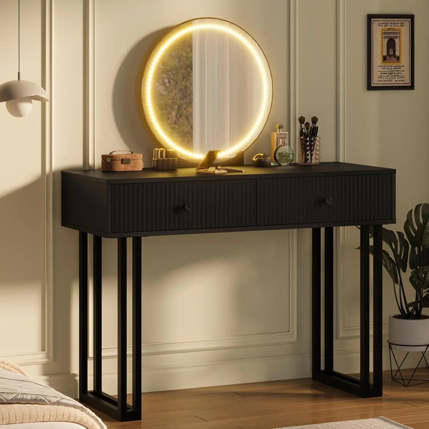 

Vanity Desk with Mirror and Lights, 49.2”H Makeup Vanity with 3 Color Lights and Adjustable Brightness, Bedroom Vanit