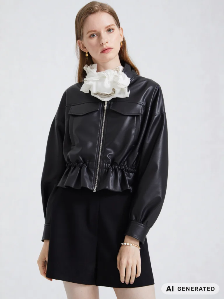 Ladies Fashion Streetwear Women Faux Leather Lapel Coat Front Zip Pockets Long Sleeves Elegant Autumn Party Brown Jacket Black