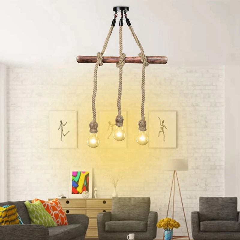 ABKP-1M Lampadario industriale a 3 teste a LED Lampada da soffitto retrò in corda di canapa Decorazioni per la casa Lampade a sospensione senza luce