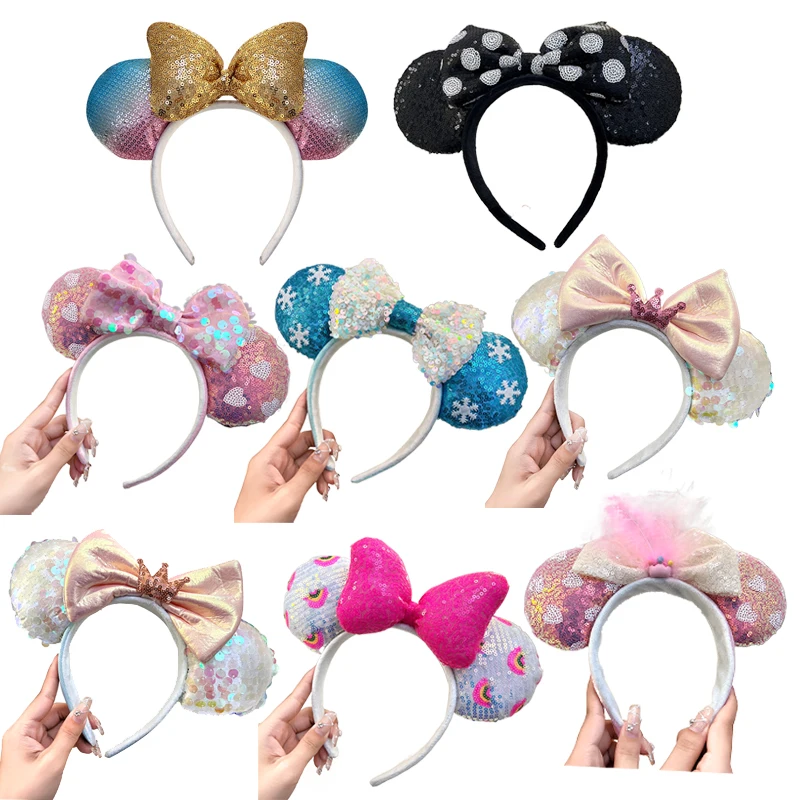 Disney Amusement Park Mickey Mouse Headband Wave Point Sequin Bow Hair Hoop Korean Cute Sweet Head Hair Accessories For Girls