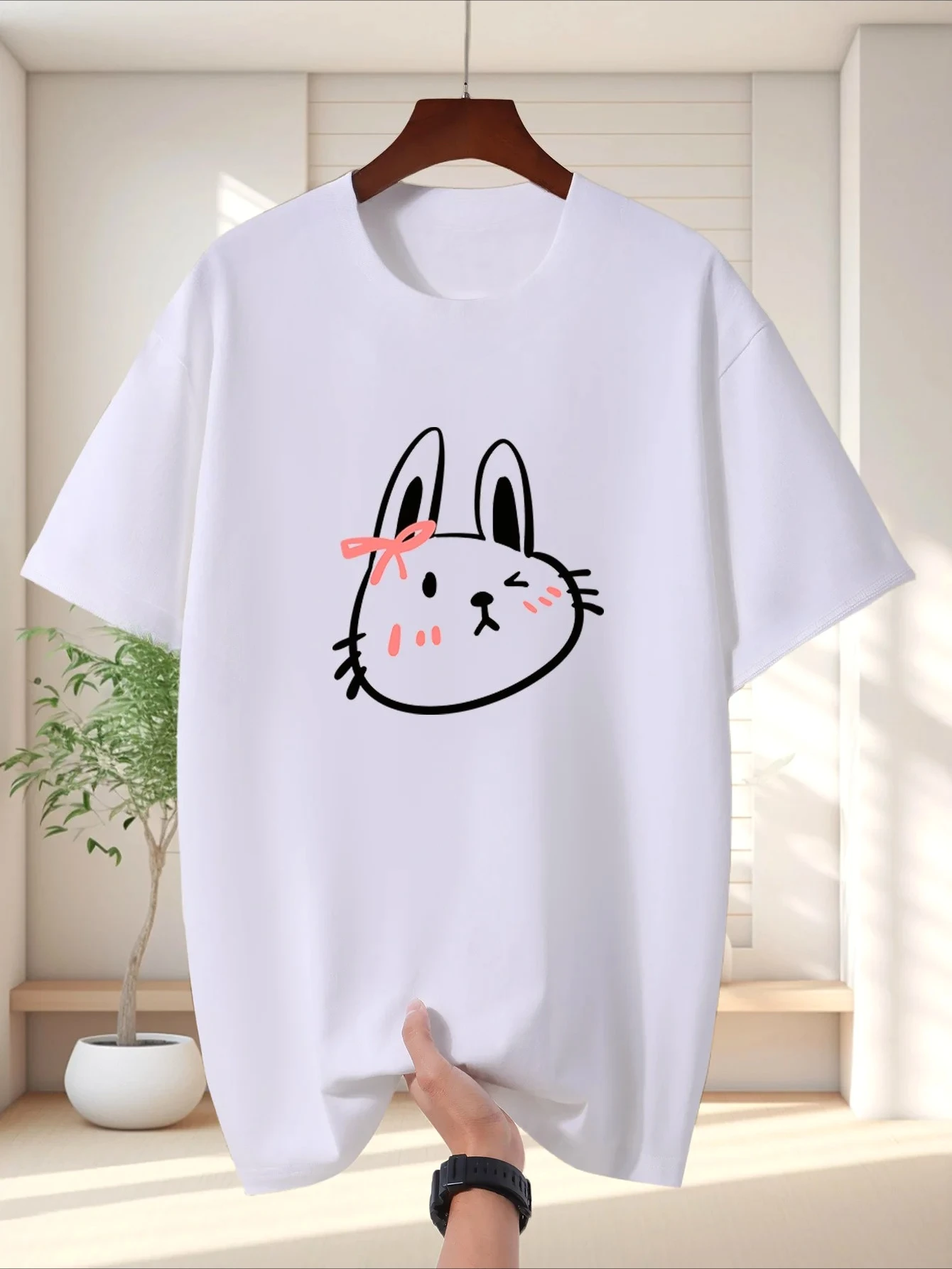 Women's Clothing Cute Bunny Pink Bow Graphic Tee Minimalist Line Art Print Short Sleeve O Neck Casual Tops Summer Y2k Streetwear