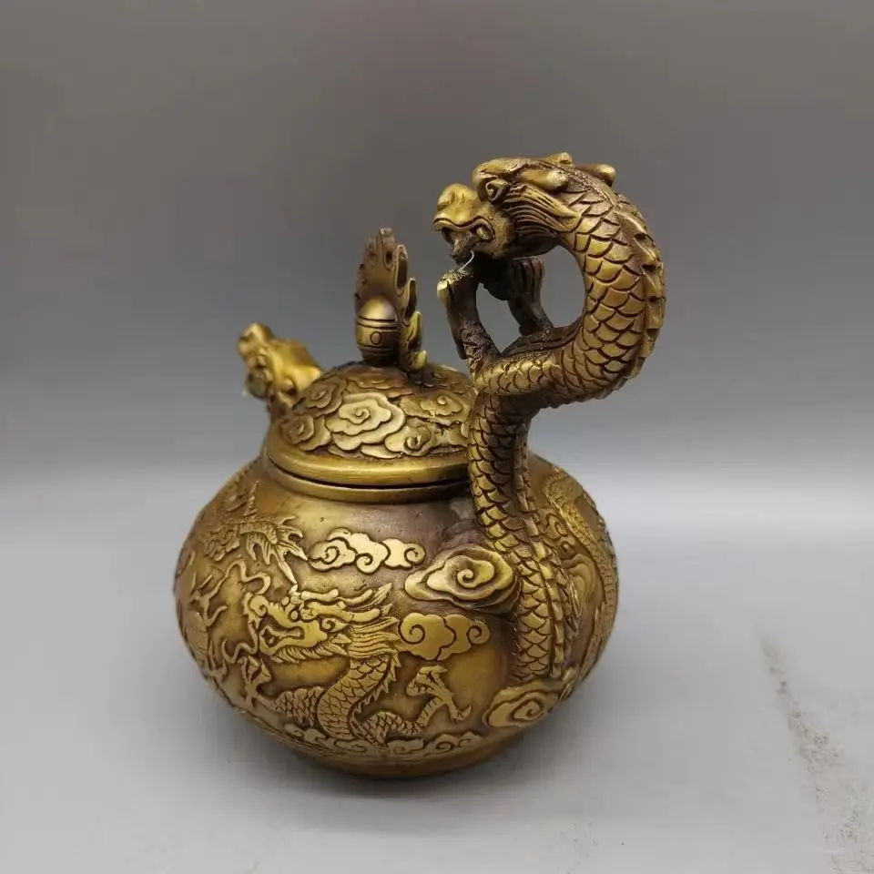 Antique bronze collection dragon pot teapot kettle wrapped pulp embellish home tea ceremony handicraft ornaments