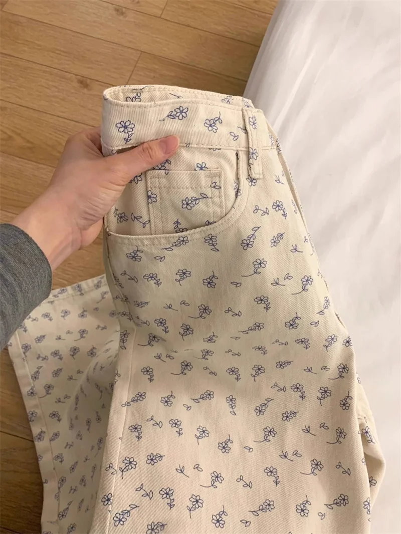 

Retro Floral Straight Leg Jeans Women's Summer 2024 New Thin Loose Slim Wide Leg Long Pants Korean Style Commute Wind