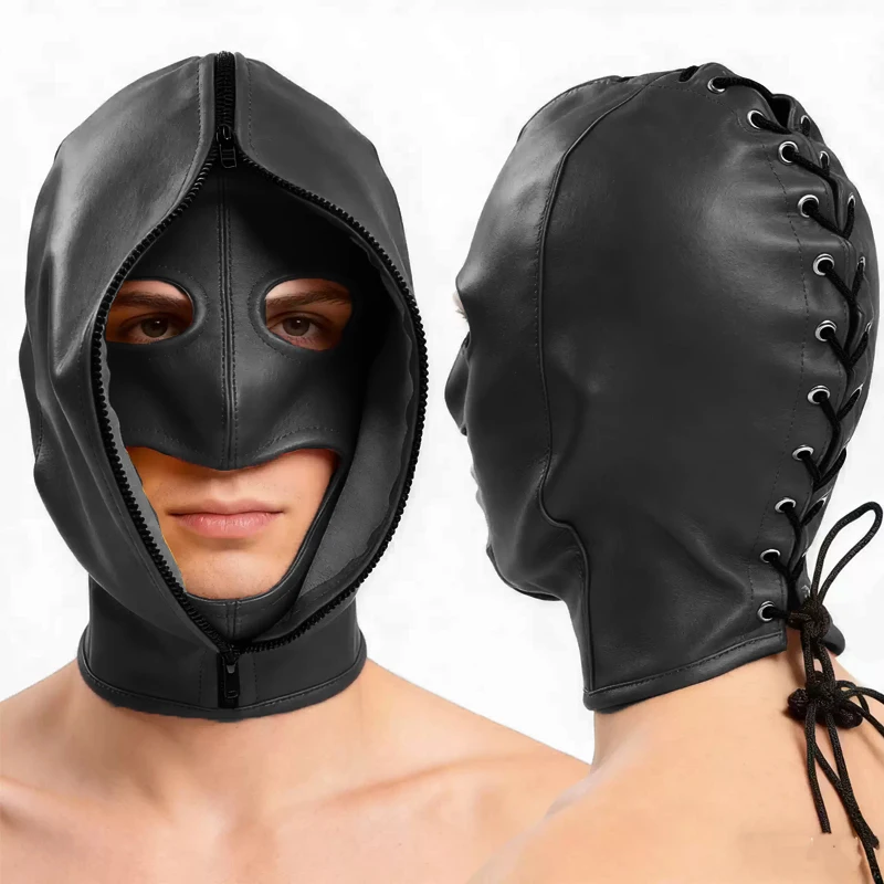 

2026 New Halloween Leather Mask Cosplay Party Full Face Double Layer Zip Head Hood Adjustable Lace Up Headgear Accessory