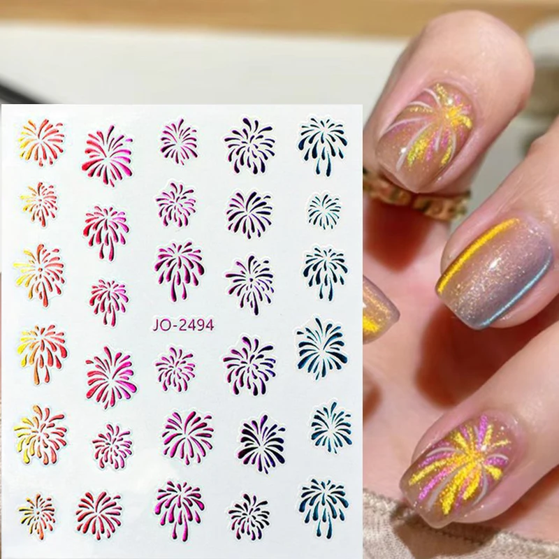 3D Laser Fireworks Nails Stickers Shining Laser Blooming Nail Silder Gold Silver Colorful Sticker New Year Manicure Decoration