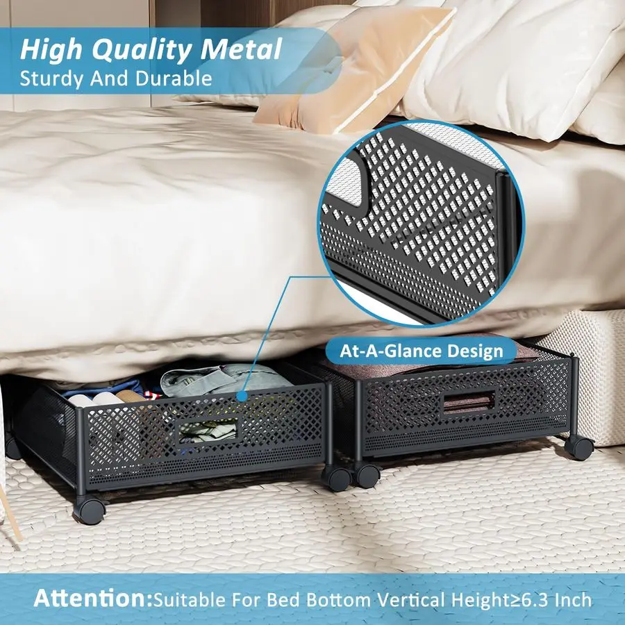 Bed Storage with Wheels 47.2L 57.6L Large Rolling Under Bed Storage, Metal Underbed Containers on Wheels, ToolFree Assembly Fold