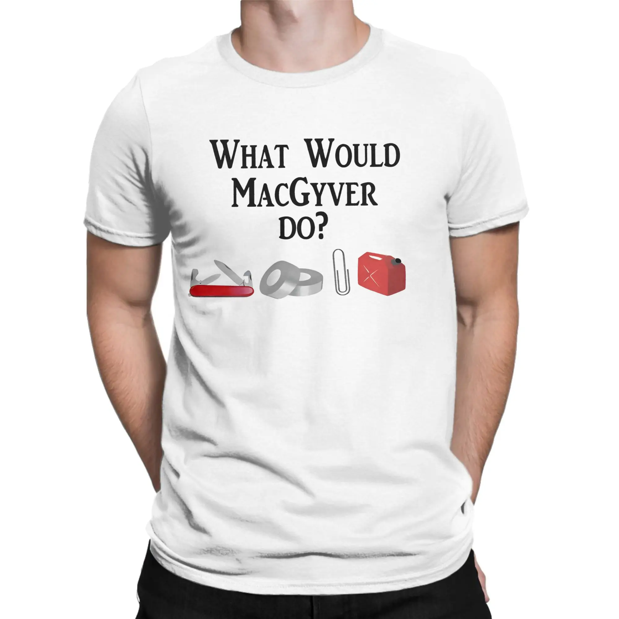 MacGyver School Ingenuity T-Shirt for Men Army Knife Paper Clip Tape Humorous Cotton Tees Round Collar T Shirt Party Clothes