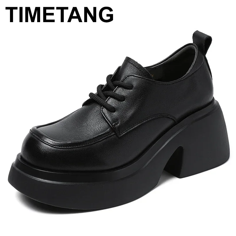 

7.5cm Women Moccasins Mary Jane British Platform Wedge Comfy Rubber Lace Up Natural Genuine Leather Spring Autumn Shoes