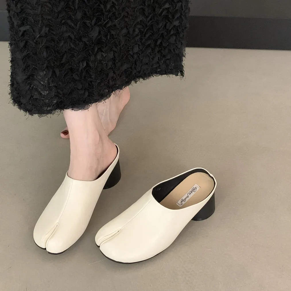 Bailamos Spring Women Split Toe Shoes Fashion Hight Heel Laofers Shallow Soft Leather Pumps Casual Outdoor Slippers Dress Mules view 5