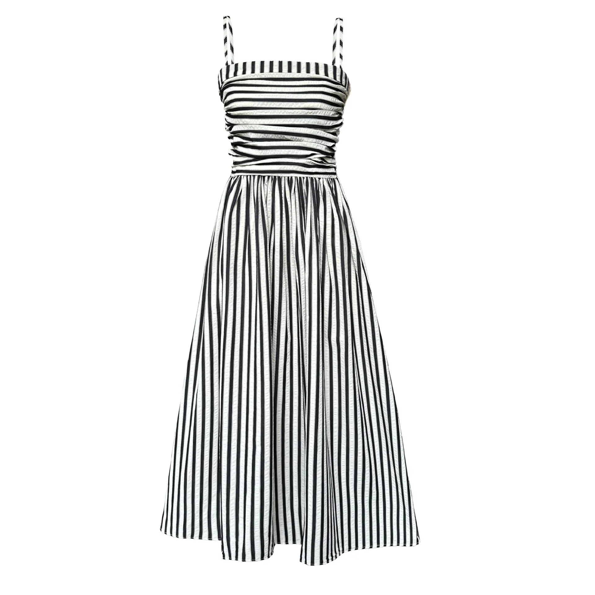 French striped tube top suspender dress for women, high-end off-shoulder pleated waist A-line long skirt for summer