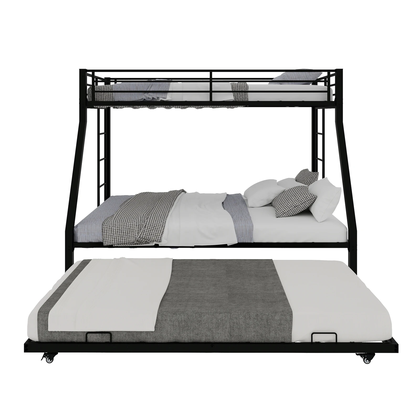Heavy Duty Metal Twin XL Over Queen Bunk Bed with Trundle, Space Saving Triple Bunkbed Frame with Guardrails & Ladder, 400 LBS Capacity, Black