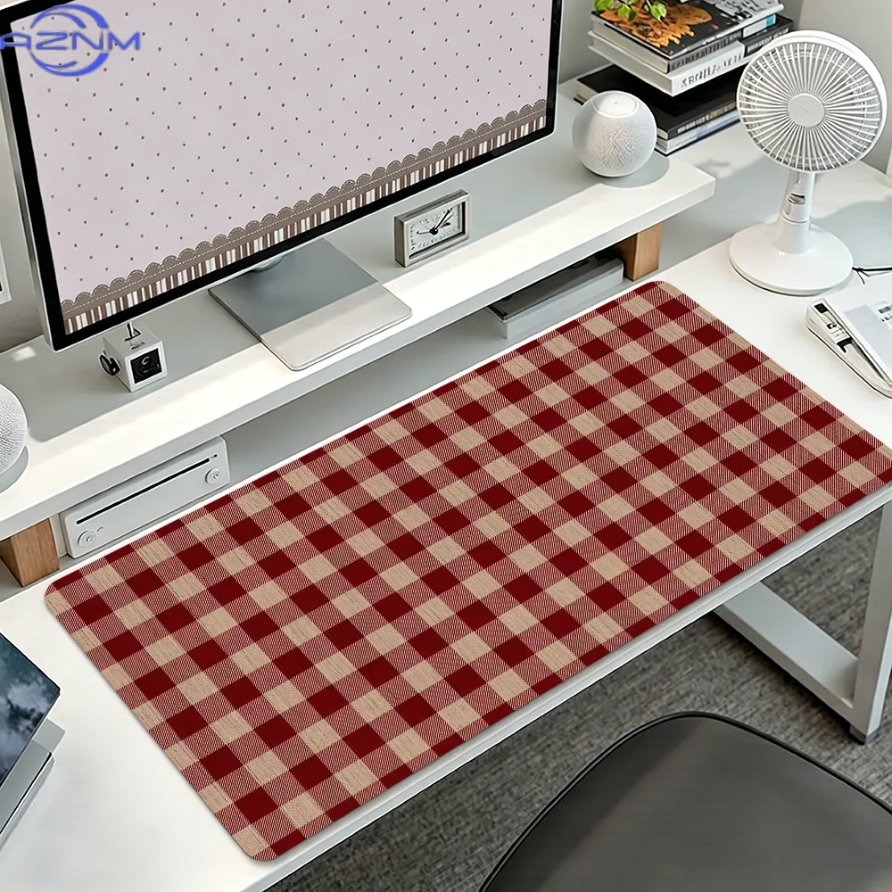 Red Beige Gingham Large Desk Mat, Vintage Plaid XXL Mouse Pad Non-Slip Rubber Lock Edge Keyboard Mat for Home Office