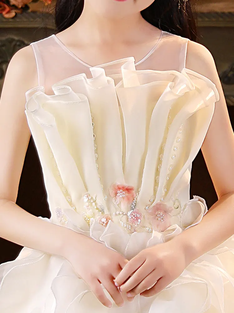 

Custom Flower Girl Dress Wedding Dress First Christmas Party Dress Sheer Neck Floral Layered Ruffled Tulle Ball Gown for Girls P