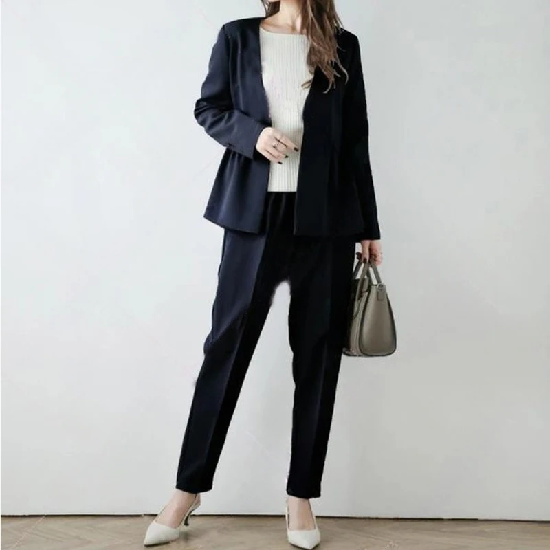 

Chic Pant Set with Ruffled Hem and Collarless Blazer Ladies Suits Office Wear Women's Business Suits