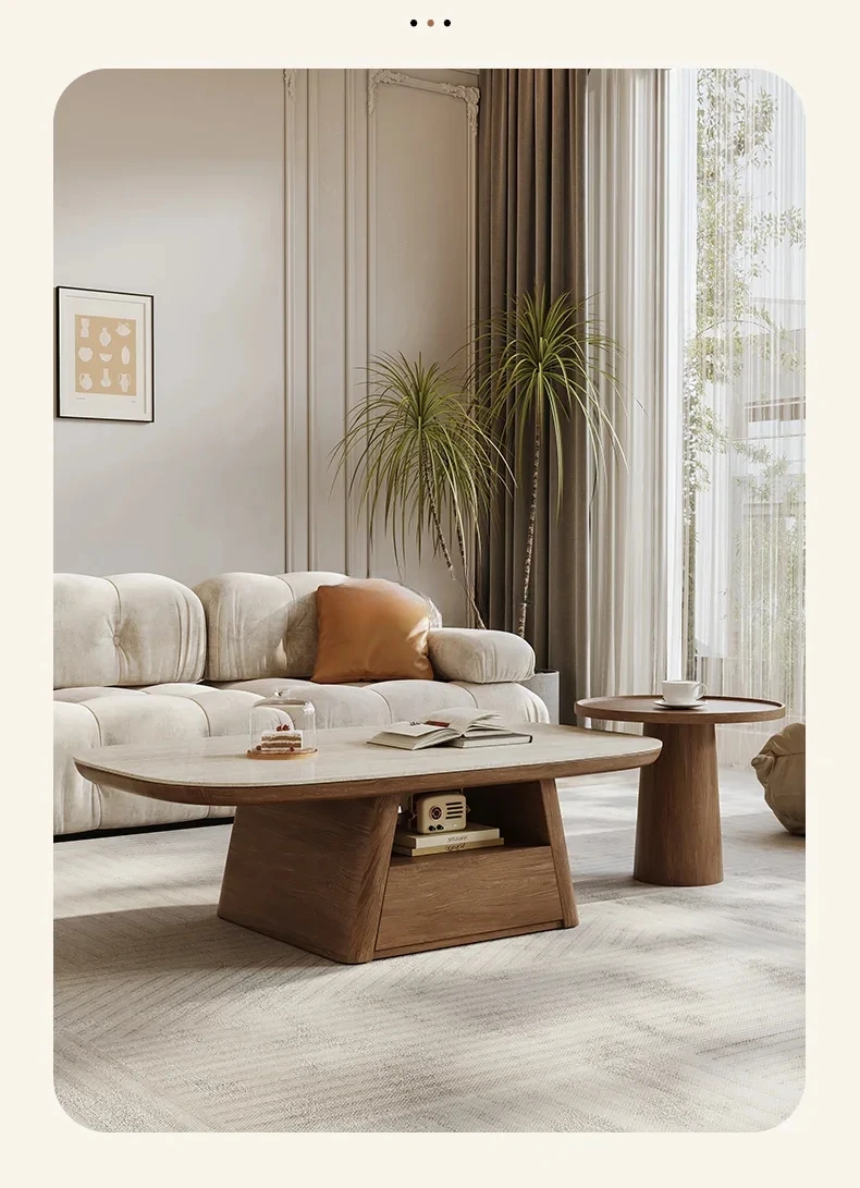

Travertine rock slab coffee table walnut solid wood grain advanced retro minimalist medieval coffee table