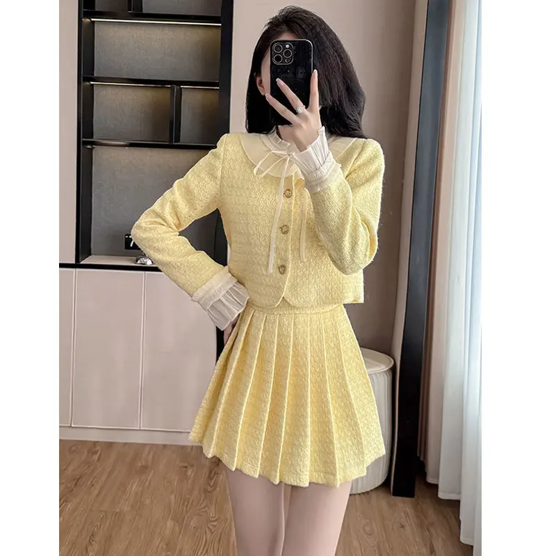 سترة نسائية قصيرة من الصوف الخشن الأصفر مكونة من قطعتين + تنورة مطوية 2025 مجموعة جديدة لخريف وشتاء نمط عطر صغير #2