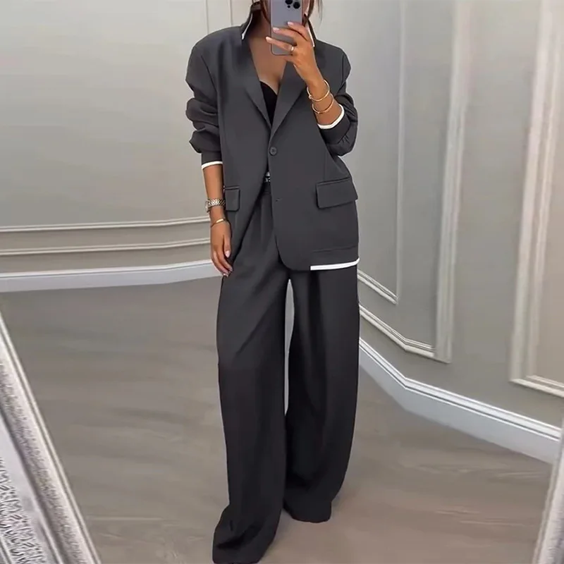 

Woman Elegant Single Button Lapel Cardigans Wide Leg Trousers Suit Elegant Solid Office Outfit Spring Autumn Blazer Jacket Set