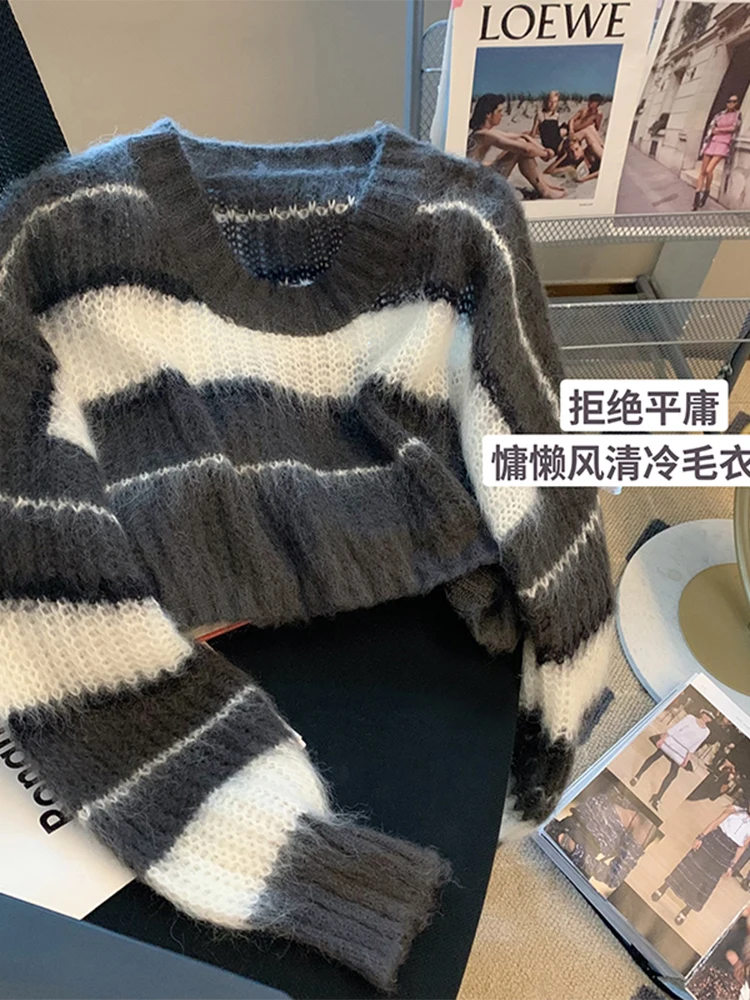 Women's Striped Pullover Knitted Sweater Harajuku Aesthetic Long Sleeves O-Neck Sweater Jumper Y2k Vintage 2000s Clothes Autumn