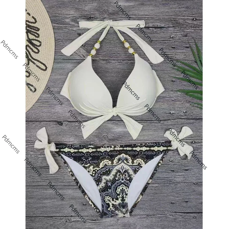 

2025 новые европейские и американские цепочки со сборками пляжного бикини, купальники с треугольными бретелями, женские модели купальника