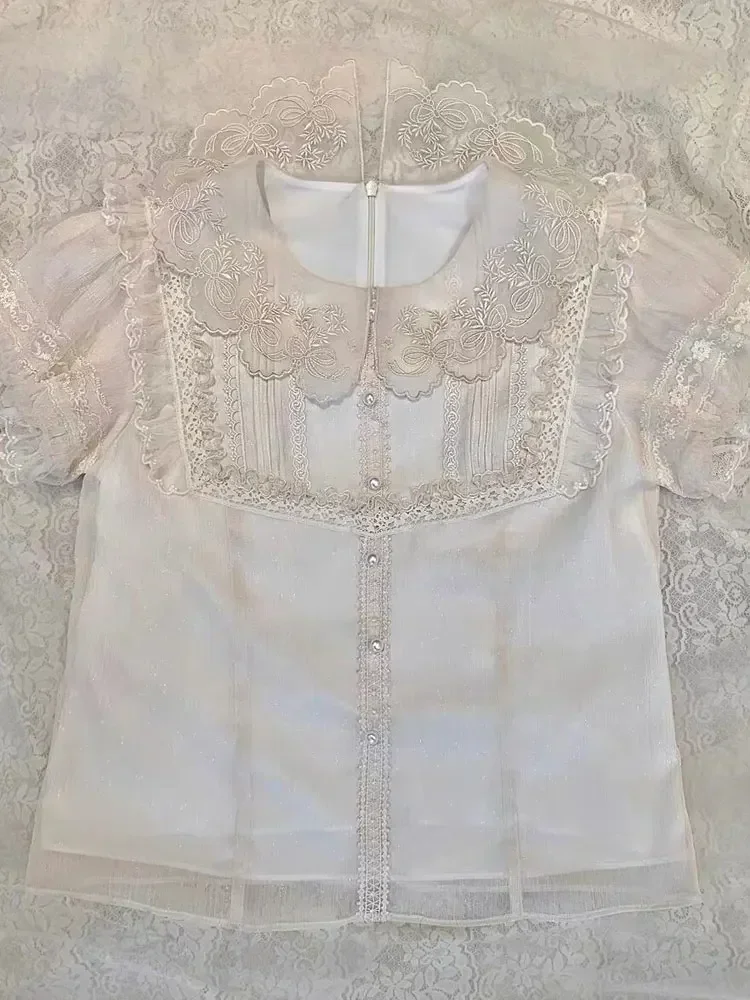 Western Style Doll Collar Cute Lolita Shirt Top Korean Style Women Spring/Summer 2023 New French Chic Lace Lantern Sleeve Blouse