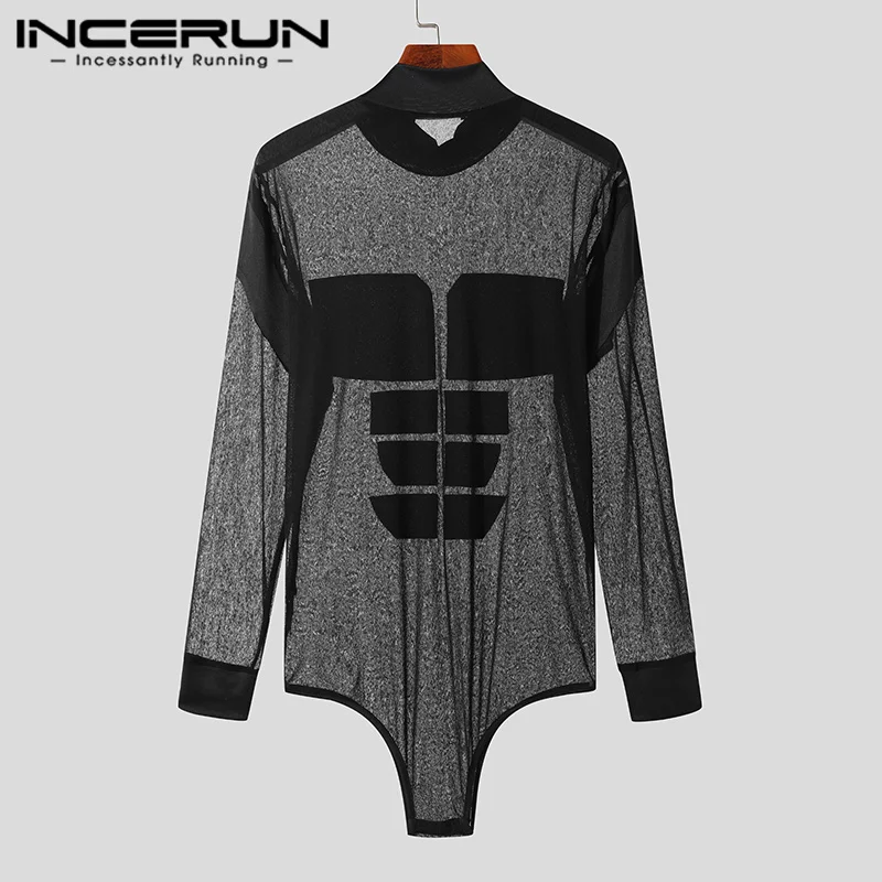 Sexy Style Mens Jumpsuits INCERUN Fashion Mesh Patchwork Patch Jumpsuits Casual Hot Selling Male Thin Long Sleeved Rompers S-5XL