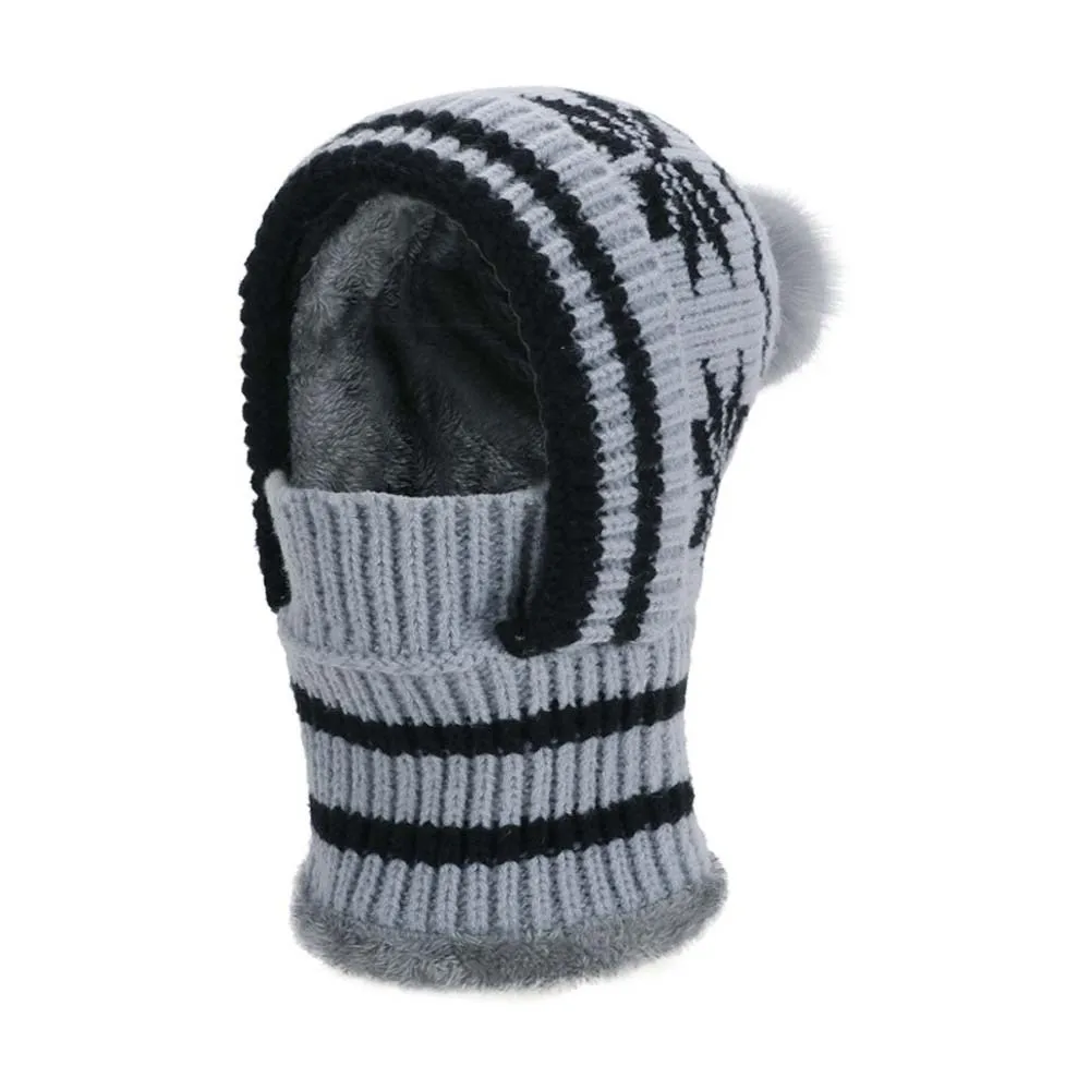 Fleece Lining Knitted Balaclava Hat Snowflake Jacquard Thick Warm Winter Beanie Mask Ear Protection Full Cover