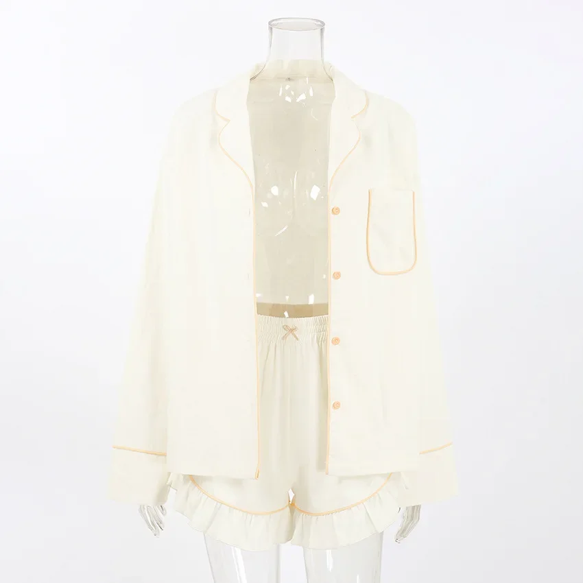 Women 100% Cotton Pajama Set Autumn Winter Lapel Long Sleeve Contrast Piping Shirt Ruffle Shorts Two Piece Soft Home Sleepwear