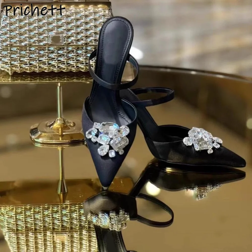 

Rhinestone Black Stain Sandals Slip On Luxury Bling Pointy Toe Thin Heels Party Shoes Women's Shallow Summer Stiletto Slippers