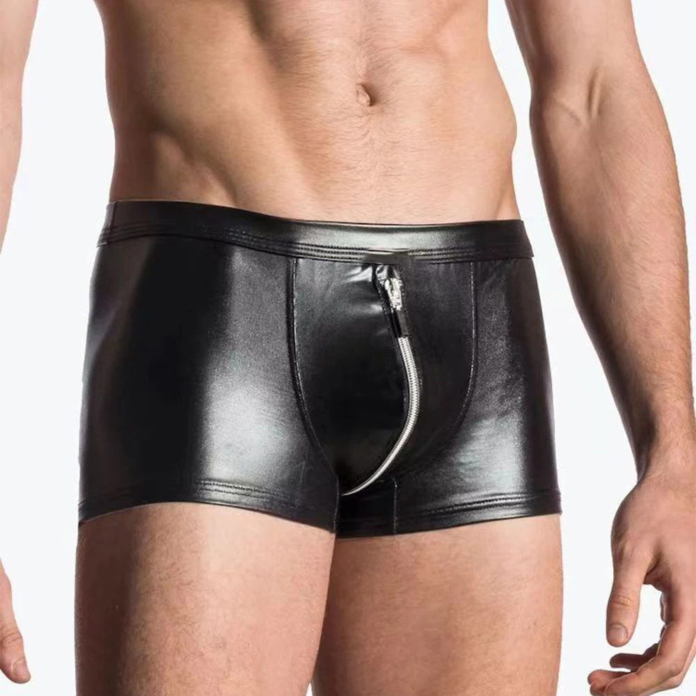 Zipper Boxershorts Men Faux Leather Low Rise Underwear Boxer Briefs Shorts U Pouch Underpants Sissy Panties Hot Sale Lingerie