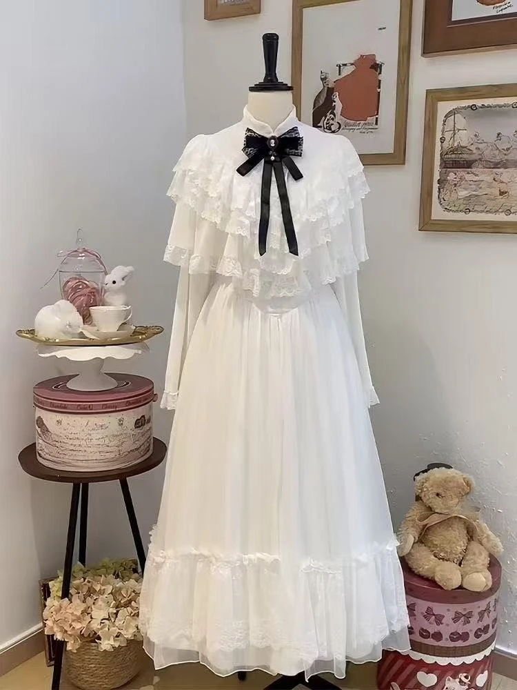 Vestido japonés de encaje con lazo de manga corta, falda larga ajustada blanca, estilo dulce, traje para cita diaria de otoño 2025, ropa informal elegante para mujer