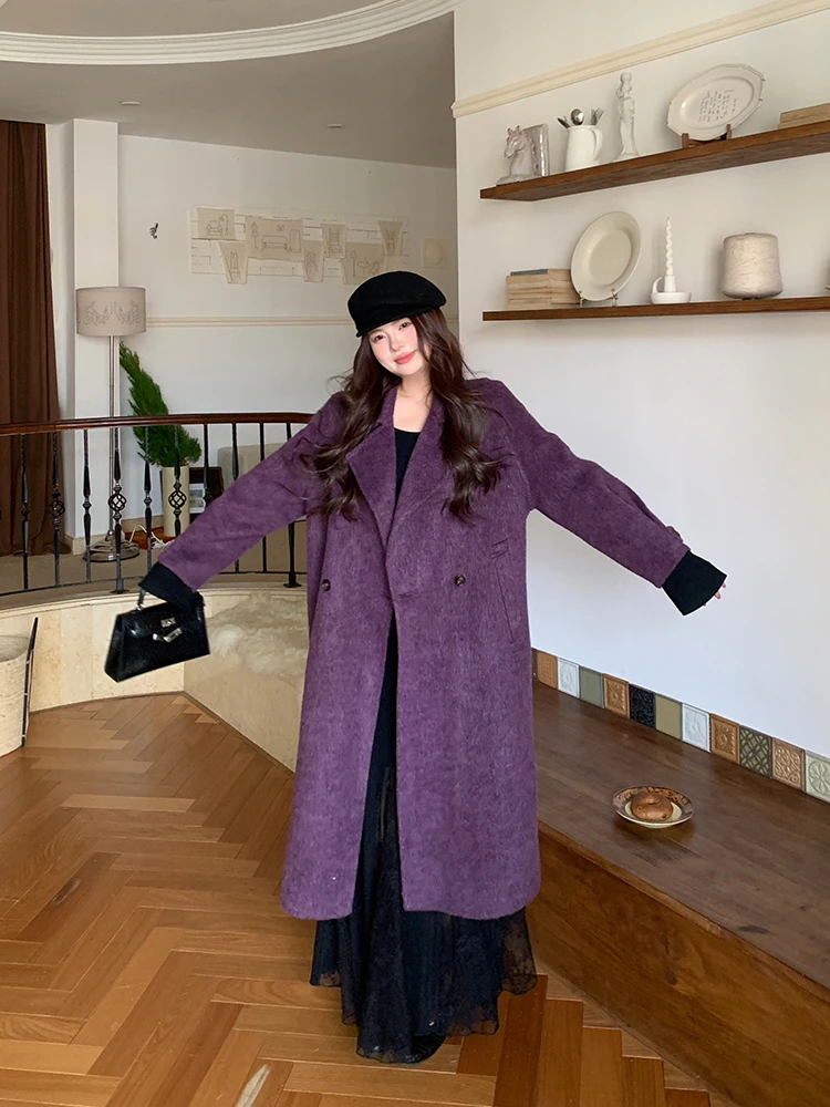 

Ele plus Size Women's Double-Sided Purple Coat Long Winter Outerwear Korean Sle Loose Fit Casual Wear ape